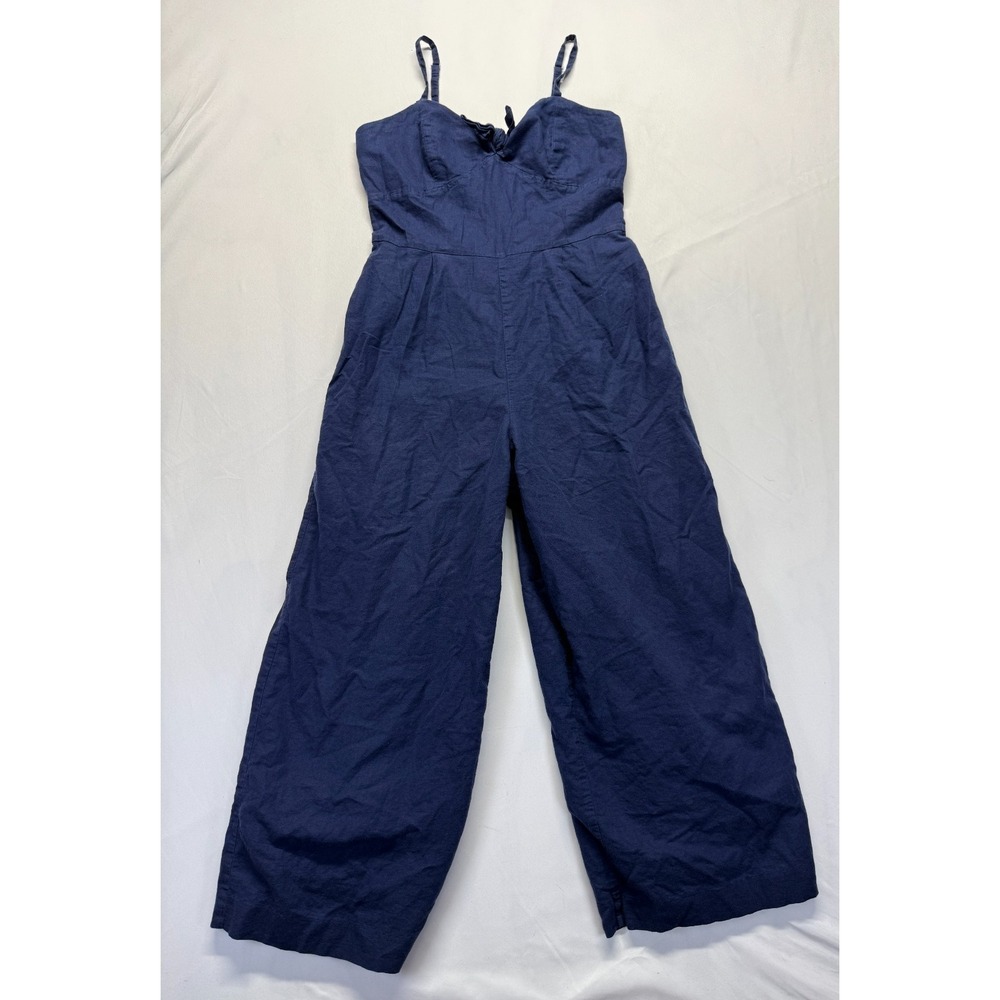 J.Crew Jumpsuit Womens 4 Blue Linen Spaghetti Strap Tie Front Back Zip One Piece